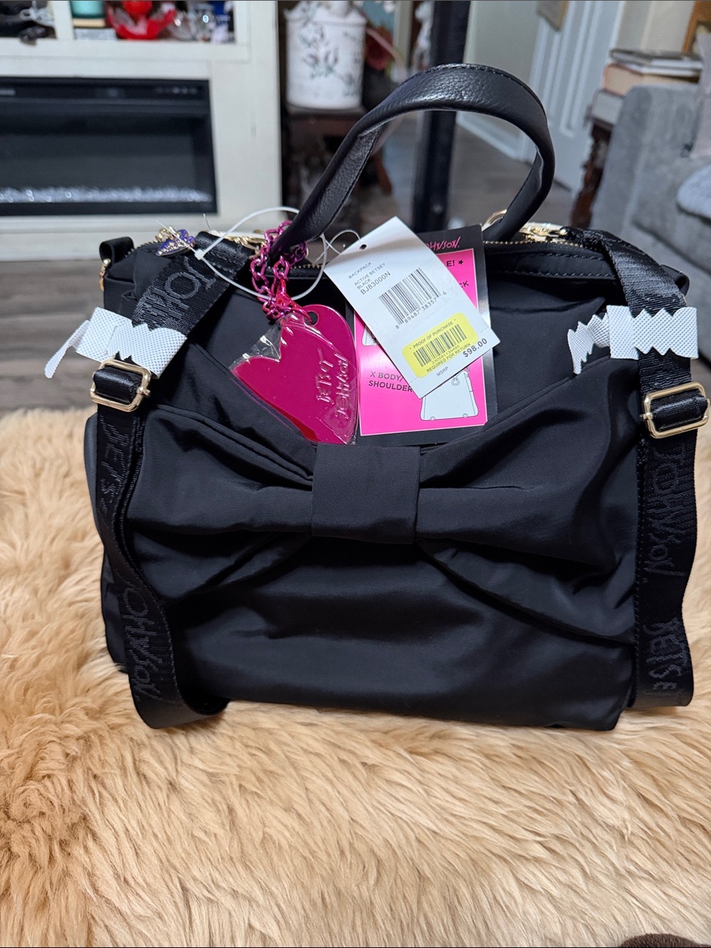 Betsy Johnson Black Bow Convertible Backpack/X Body/Shoulder NWT